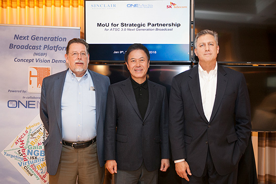 From left: Mark Aitken, VP, Advanced Technology of Sinclair Broadcast Group, Park Jung-ho, CEO and President of SK Telecom and Kevin Gage, EVP and CTO of ONE Media, subsidiary of Sinclair Broadcast Group