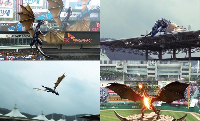 Photos of the AR dragon at the baseball stadium