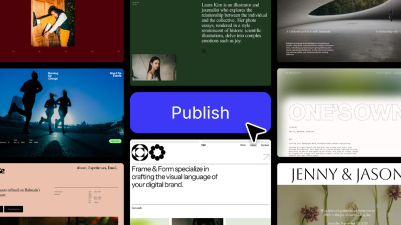다양한 스타일의 웹사이트 디자인이 모자이크 형태로 배열된 화면 중앙에 파란색 'Publish' 버튼과 커서 아이콘이 강조되어 있음