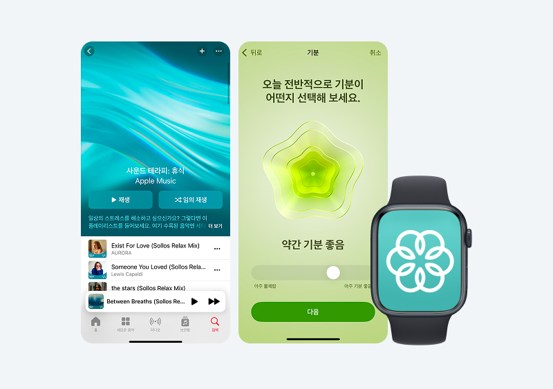 Apple Music의 '사운드 테라피: 휴식' 재생화면, 기분 상태를 선택하는 건강 앱 인터페이스, 그리고 마음 챙김을 상징하는 아이콘이 표시된 애플워치 화면이 함께 나열되어 있음.