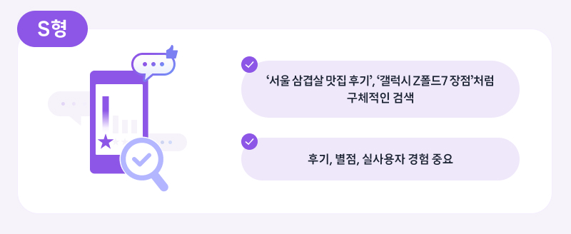 ‘서울 삼겹살 맛집 후기’, ‘갤럭시 Z폴드7 장점’처럼 구체적인 검색 / 후기, 별점, 실사용자 경험 중요
