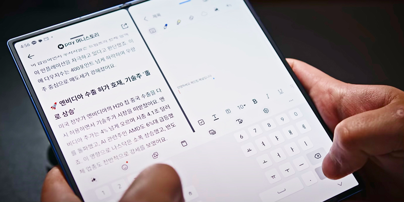 Z 폴드7으로 뉴스 보기와 메모를 동시에 하는 모습