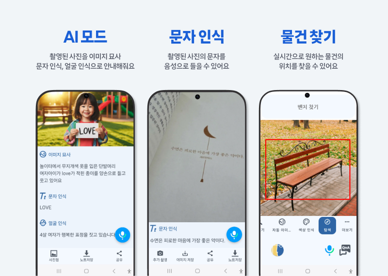 SKT와 소셜벤처 투아트가 협력해 개발한 AI 기반 시각 보조 서비스 ‘설리번 플러스’ / 스마트폰 화면 예시로 AI 모드, 문자 인식, 물건 찾기 기능을 보여주는 이미지