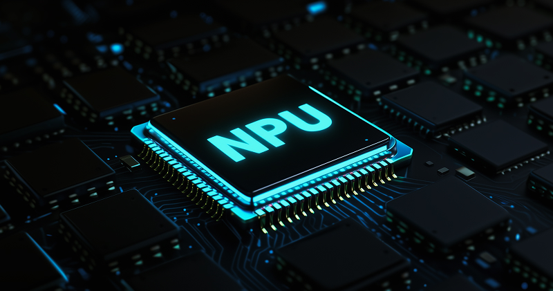 NPU(Neural Processing Unit) 반도체 칩을 강조한 3D 일러스트, 푸른 빛으로 빛나는 전자 회로 기판 위의 중앙 칩 모습
