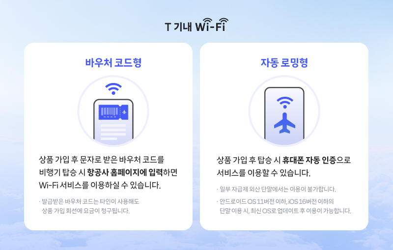 T 기내 Wi-Fi 안내:  
바우처 코드형 - 가입 후 받은 바우처 코드를 항공사 홈페이지에 입력해 Wi-Fi 이용 가능 (탑승 시 사용, 상품 가입 월 최종 요금 청구).  
자동 로밍형 - 가입 후 탑승 시 휴대폰 자동 인증으로 Wi-Fi 이용 가능 (일부 구형 OS 단말 제외, 최신 OS 업데이트 필요).