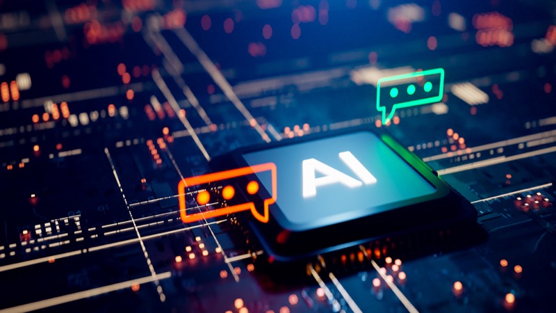 AI 반도체 칩셋이 빛나는 회로 기판 위에 놓여 있으며, 말풍선 아이콘들이 대화처럼 오가는 모습을 형상화한 이미지