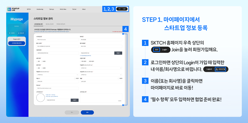 SKTCH 회원가입 후 마이페이지에서 스타트업 정보를 입력하는 과정을 설명하는 화면. 회원가입, 로그인, 회사명 입력, 필수 항목 작성 순으로 안내되어 있다.