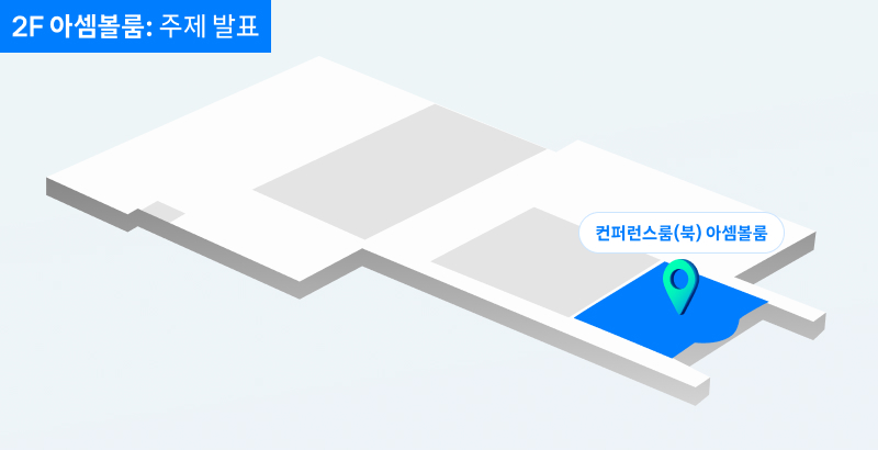 2F 아셈볼룸: 주제 발표. 회색 건물 구조 위에 파란색 영역으로 표시된 ‘컨퍼런스룸(북) 아셈볼룸’ 위치가 지도 형태로 표시된 이미지. 초록색 위치 아이콘이 아셈볼룸 위치를 가리키고 있음.
