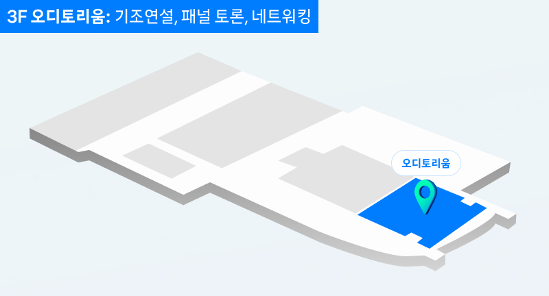 3F 오디토리움: 기조연설, 패널 토론, 네트워킹. 회색 건물 구조 위에 파란색 영역으로 표시된 ‘오디토리움’ 위치가 지도 형태로 표시된 이미지. 초록색 위치 아이콘이 오디토리움 위치를 가리키고 있음.
