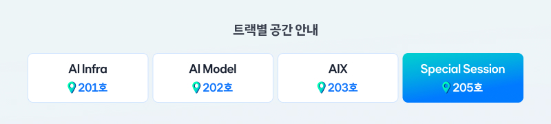 트랙별 공간 안내. AI Infra 201호, AI Model 202호, AIX 203호, Special Session 205호. 205호는 파란색 배경으로 강조되어 있음.