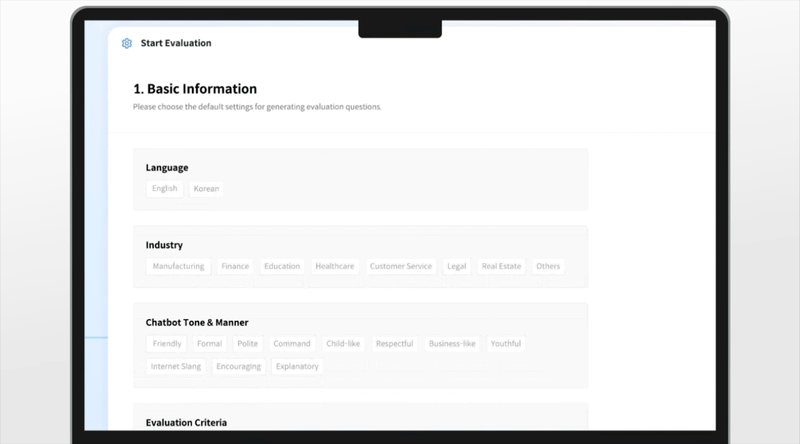 셀렉트스타의 Datumo Eval 서비스 화면. 언어, 산업군, 챗봇 톤앤매너, 평가 기준 등을 설정하는 기본 정보 입력 단계가 표시되어 있다.