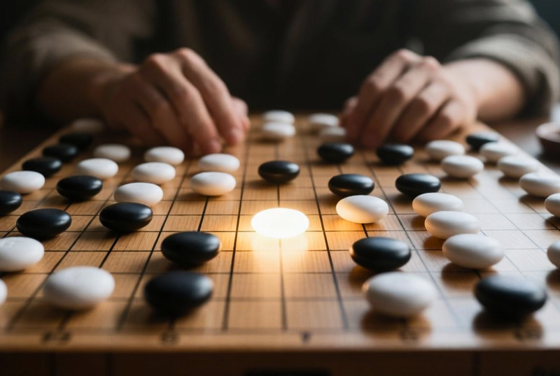 바둑판 위에 바둑돌이 놓여있고, 반대편 사람이 바둑판에 손을 올리고 있다. 가운데 은은한 빛이 빛나는 바둑알이 있다.