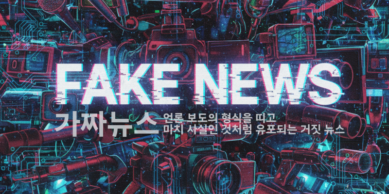 ‘FAKE NEWS’라는 문구와 함께 여러 카메라, 렌즈, 기기 이미지가 겹쳐진 그래픽. ‘가짜뉴스, 언론 보도의 형식을 띠고 마치 사실인 것처럼 유포되는 거짓 뉴스’라는 설명이 적혀 있다.