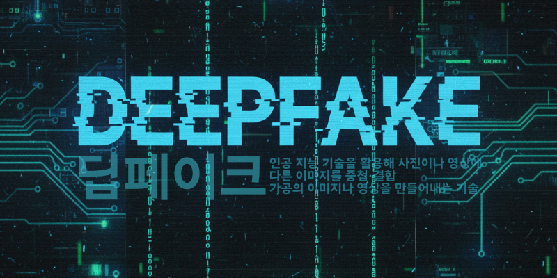 ‘DEEPFAKE’라는 문구가 디지털 회로 배경 위에 표시되어 있다. ‘딥페이크, 인공지능 기술을 활용해 사진이나 영상에 다른 이미지를 중첩·결합, 가공의 이미지나 영상을 만들어내는 기술’이라는 설명이 함께 있다.