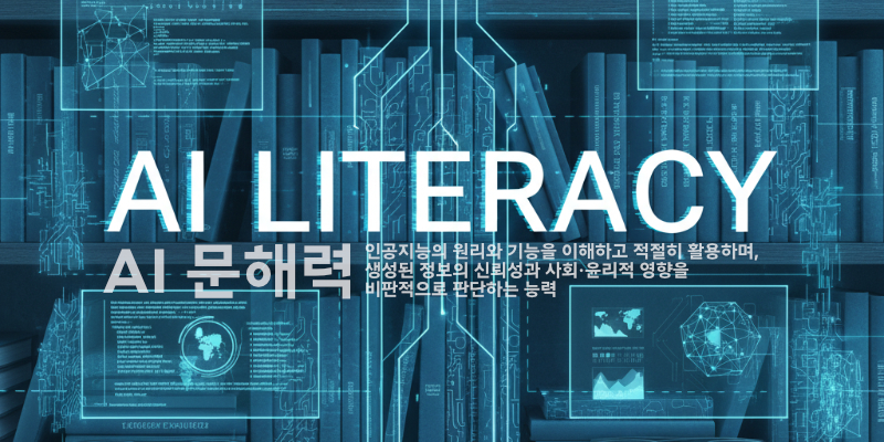 ‘AI LITERACY’ 문구와 함께 데이터 그래픽이 책장 위로 겹쳐진 장면. ‘AI 문해력, AI의 원리와 기능을 이해하고 신뢰성·윤리성을 비판적으로 판단하는 능력’이라는 설명이 함께 있다.