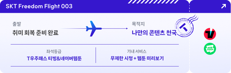 항공권 형태의 디자인으로 구성된 이미지. 상단에는 “SKT Freedom Flight 003” 문구가 표시되어 있으며, 출발지가 “취미 회복 준비 완료”, 오른쪽에는 목적지가 “나만의 콘텐츠 천국”으로 적혀 있다. 하단에는 좌석등급이 “T우주패스 티빙&네이버웹툰”, 기내 서비스는 “무제한 시청 + 웹툰 미리보기” 로 안내되어 있다. 우측에는 티빙과 네이버웹툰 로고가 나란히 배치되어 있다.