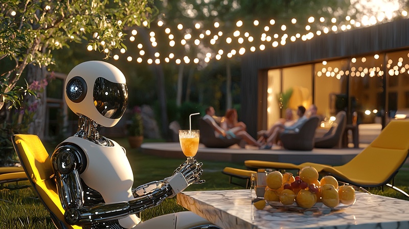야외 파티 공간에서 휴머노이드 로봇이 의자에 앉아 음료를 마시고 있다. 뒤편에는 조명이 켜진 정원과 사람들이 담소를 나누고 있다.