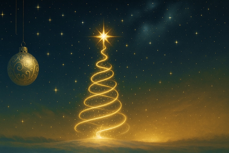 밤하늘의 별빛 아래 황금빛 선으로 그려진 크리스마스트리와 장식 구슬이 반짝이고 있다.