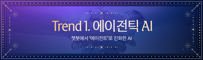 로봇 손 이미지가 희미하게 비치고 있는 배경에, 타로 카드 테두리가 둘러져 있다. 가운데에는 'Trend 1. 에이전틱 AI'라는 큰 제목이, 그 아래에는 '챗봇에서 '에이전트'로 진화한 AI'라는 문구가 적혀 있다.