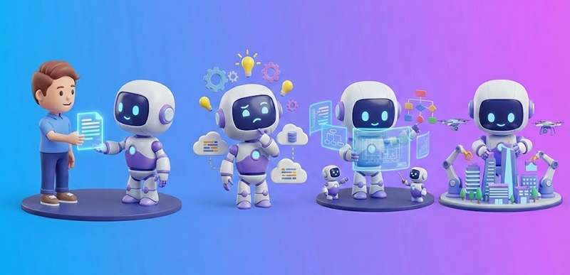 네 개의 귀여운 로봇 캐릭터가 등장한다. 첫 번째는 남자 아이와 문서를 주고받고, 두 번째는 전구·기어 아이콘과 함께 고민하는 모습, 세 번째는 홀로그램 데이터를 조작하며 미니 로봇들과 작업하는 장면, 네 번째는 도시 모형·로봇 팔·드론을 조종해 스마트 환경을 구축하는 모습이 표현되어 있다.