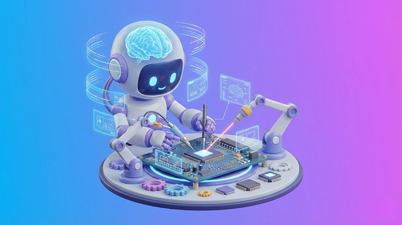 귀여운 로봇이 회로 기판을 정교하게 조립하고 있다. 로봇 머리에는 발광하는 뇌 모양 홀로그램이 떠 있고, 주변에는 설계도와 데이터가 담긴 홀로그램 패널들이 나타나 있다. 로봇 팔과 자동화 로봇 팔이 함께 칩을 조작하며 정밀 작업을 수행하는 장면이 표현되어 있다.