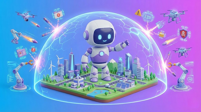 거대한 로봇이 도시 모형 한가운데 서 있으며, 돔 형태의 보호막을 펼쳐 외부로부터 날아오는 AI로봇, 드론, 미사일, 경고 아이콘 등이 도시를 공격하지 못하도록 막고 있다. 보호막 안에는 건물, 공원 등이 배치된 안전한 스마트 시티가 표현되어 있다.