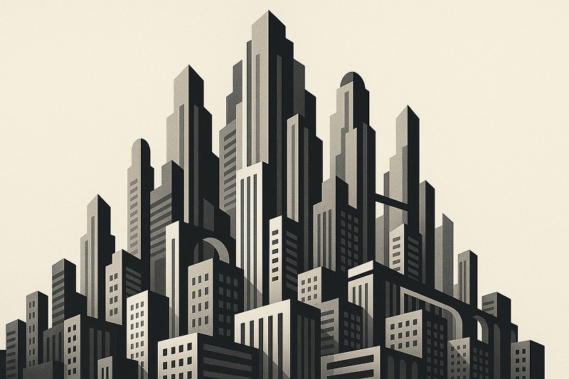 베이지색 배경 위에 흑백 톤으로 그려진 거대한 미래형 도시가 보인다. 다양한 높이의 직선형·곡선형 고층 빌딩들이 층층이 겹쳐 있고, 건물 사이로 아치 형태의 구조물과 연결 통로가 이어지며 전체적으로 기하학적이고 아트데코풍 분위기를 만든다.