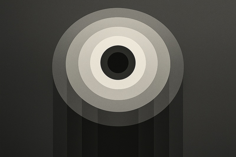 짙은 회색 배경 위에 여러 겹의 동심원이 흑백 그라데이션으로 배열되어 있다. 중앙의 검은 원을 중심으로 밝은 회색부터 어두운 회색까지 순차적으로 퍼져 나가며, 아래쪽으로는 원의 그림자가 기둥처럼 길게 드리워져 기하학적이고 미니멀한 분위기를 만든다.