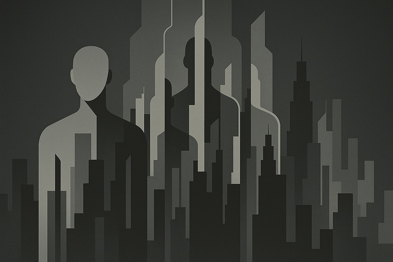 어두운 배경 위에 고층 빌딩 실루엣과 사람 형태의 실루엣이 서로 겹쳐진 기하학적 일러스트가 표현되어 있다. 다양한 회색 톤의 건물들이 층층이 쌓여 있고, 그 사이로 여러 명의 사람 윤곽이 투명하게 겹쳐져있다.