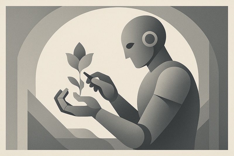 로봇 형태의 인물이 아치형 창가 앞에 앉아 한 손에는 작은 식물을 받치고, 다른 손으로는 식물을 섬세하게 만지며 관찰하고 있다. 전체가 부드러운 그라데이션의 흑백 톤으로 표현된 기하학적 일러스트.