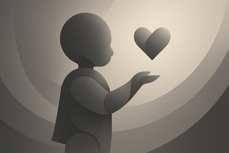 부드러운 흑백 톤으로 그려진 어린아이의 실루엣이 두 손을 앞으로 내밀고 있으며, 그 손 위에는 입체적인 하트 모양이 공중에 떠 있다. 배경은 원형의 은은한 빛과 그라데이션으로 구성.