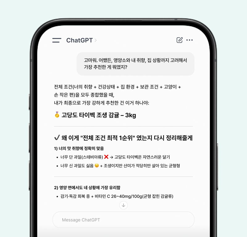 스마트폰 화면 속 챗GPT 대화 화면으로, 사용자의 조건을 종합해 추천한 선택지와 그 이유를 항목별로 설명하고 있다.