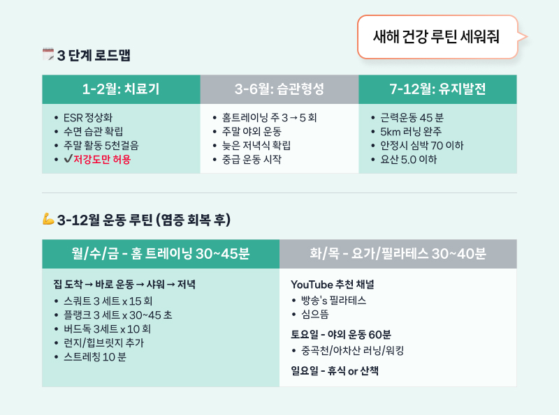 1년을 치료기, 습관 형성기, 유지 발전기로 나눈 건강 루틴 로드맵으로, 월별 운동 계획과 목표 지표가 표 형태로 정리되어 있다.