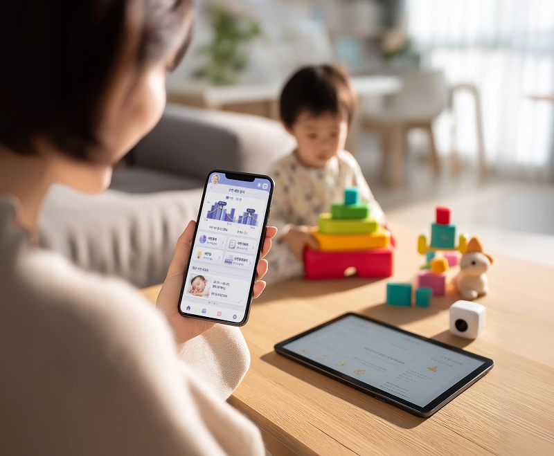 거실 테이블 앞에서 보호자가 스마트폰으로 육아 관리 앱을 확인하고 있으며, 화면에는 아이 성장 정보와 콘텐츠 카드가 표시되어 있다. 테이블 위에는 태블릿이 함께 놓여 있고, 배경에는 블록 장난감을 가지고 노는 아이가 보인다. 일상 속에서 디지털 육아 서비스를 활용하는 장면을 담고 있다.