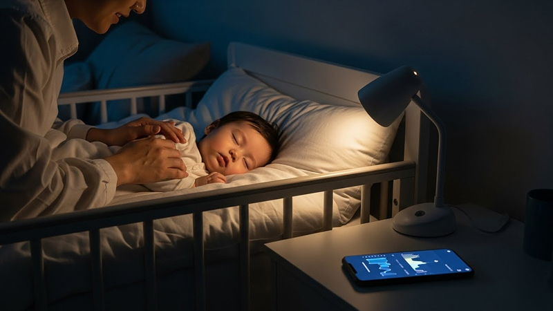 어두운 침실에서 아기가 아기 침대에 편안히 잠들어 있고, 보호자가 아이 곁에서 이불을 정리해 주고 있다. 침대 옆 테이블에는 스마트폰이 놓여 있으며, 화면에는 수면 상태를 그래프로 보여주는 육아 앱 화면이 표시되어 있다. 은은한 조명 아래 야간 육아 상황을 담은 장면이다.