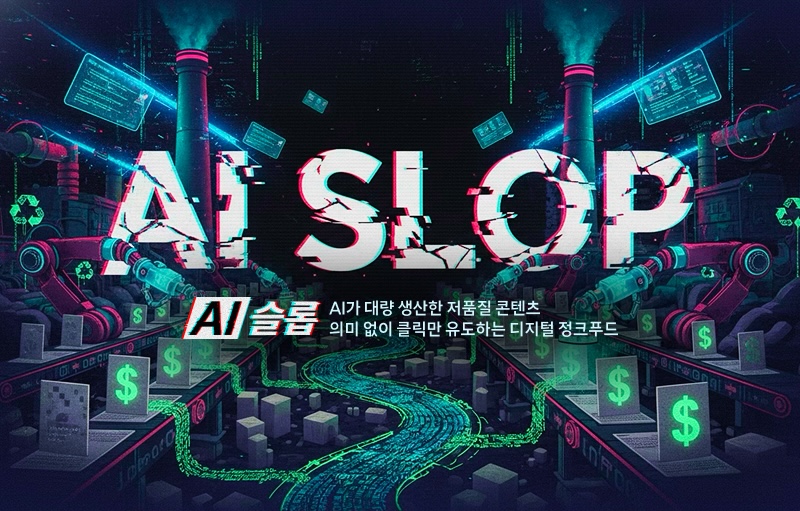 ‘AI SLOP’라는 거대한 글자 아래, 공장형 로봇들이 돈과 클릭을 만들어내는 장면을 묘사한 그래픽 이미지. AI가 대량 생산한 저품질 콘텐츠가 디지털 정크푸드처럼 흐르는 모습을 표현했다.