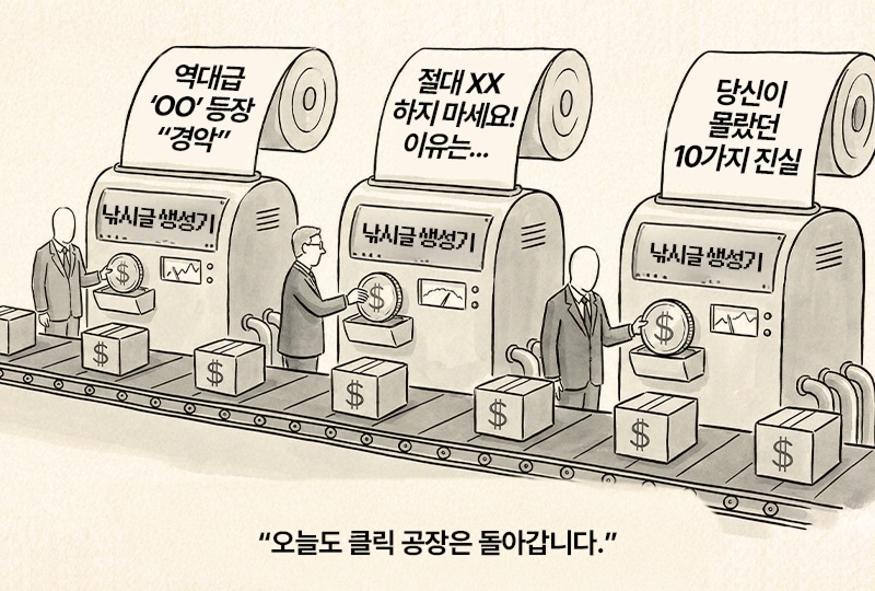 컨베이어벨트 위에서 ‘낚시글 생성기’가 연속으로 작동하며 자극적인 제목의 콘텐츠를 찍어내는 공장을 풍자한 일러스트. “오늘도 클릭 공장은 돌아갑니다”라는 문구가 함께 보인다.