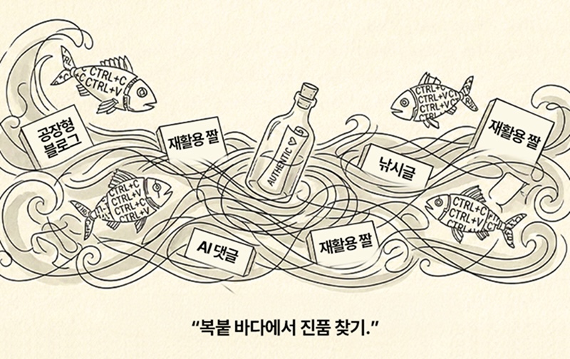 복잡하게 얽힌 바다 위를 떠다니는 재활용 짤과 낚시글, AI 댓글 속에서 ‘진품’을 찾는 상황을 풍자한 그림. 중앙에는 병 속에 담긴 ‘AUTHENTIC’ 표시가 보인다.