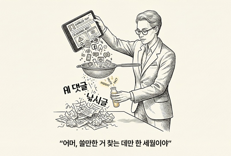 AI 댓글과 낚시글을 체에 거르듯 분류하는 인물의 일러스트. 쓸모없는 콘텐츠를 걸러내는 과정이 “쓸만한 것 찾는 데만 한 세월”이라는 문구로 표현돼 있다.