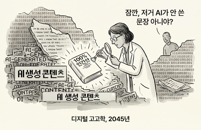 ‘AI 생성 콘텐츠’ 더미 속에서 돋보기를 들고 ‘100% 인간’이라고 적힌 책을 확인하는 장면. 디지털 고고학자처럼 인간이 쓴 문장을 구별하려는 미래 사회를 묘사한 그림.