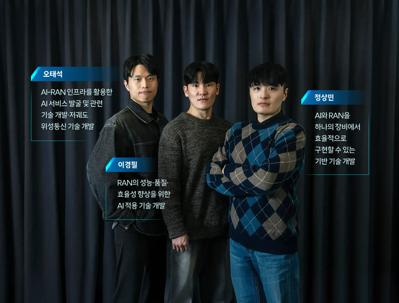 어두운 커튼 앞에 6G Tech 팀 오태석, 이경필, 정상민 님이 나란히 서서 카메라를 바라보는 단체 사진. 각 인물 옆에 담당 영역을 설명한 텍스트 박스가 함께 보인다.