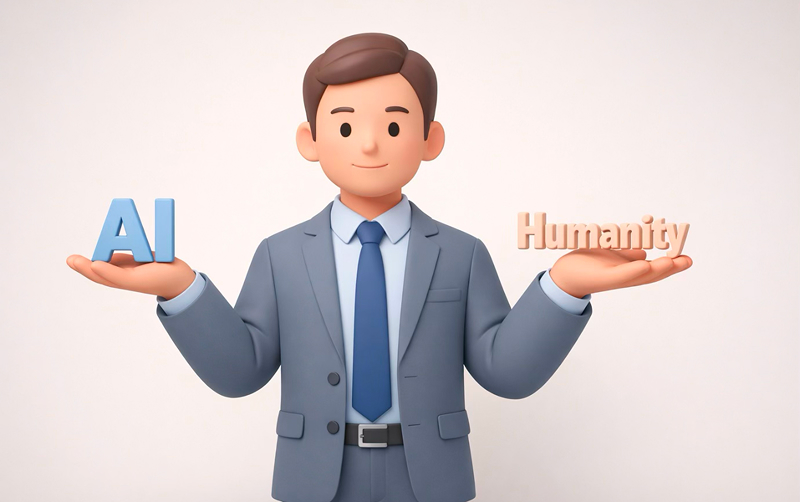 정장을 입은 남성 캐릭터가 양손을 벌리고 균형을 잡고 있는 일러스트 이미지. 왼손 위에는 파란색 글자로 ‘AI’라는 텍스트가 놓여 있고, 오른손 위에는 베이지색 글자로 ‘Humanity’라는 텍스트가 놓여 있다.