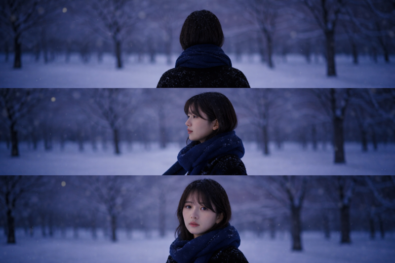 눈이 쌓인 공원에서 한 여성이 서 있는 모습을 세 장의 연속 이미지로 구성한 AI 이미지. 첫 번째 컷에서는 어두운 코트와 목도리를 착용한 여성이 등을 보이고 서 있고, 두 번째 컷에서는 고개를 옆으로 돌린 옆모습이 보인다. 세 번째 컷에서는 여성이 카메라를 향해 정면을 바라보고 있다. 배경에는 눈 덮인 나무들이 줄지어 있다.
