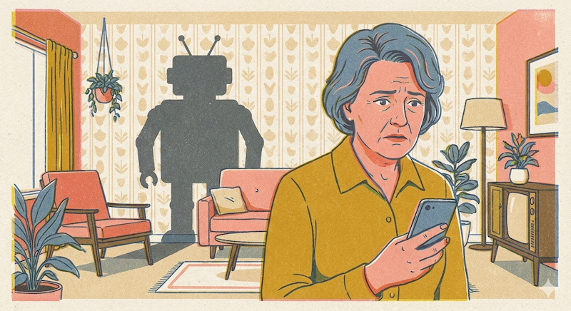 스마트폰을 들여다보며 걱정스러운 표정을 짓는 중년 여성 뒤로 로봇 실루엣이 거실 벽에 그림자처럼 드리워진 일러스트