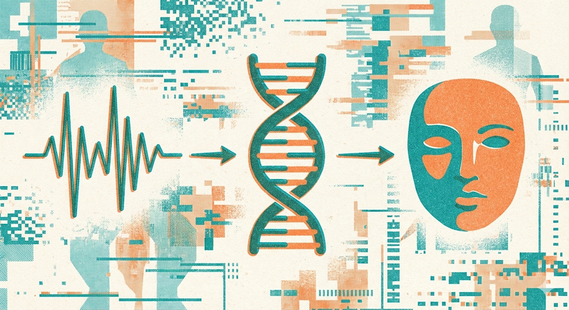 심박 파형이 DNA 이중나선으로 변하고 다시 인간 얼굴 아이콘으로 이어지는 과정을 데이터 그래픽으로 표현한 일러스트