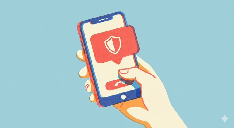 방패 아이콘이 표시된 스마트폰을 손에 들고 있는 모습을 단순화된 그래픽으로 표현한 일러스트