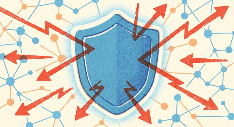 중앙의 방패 아이콘을 향해 여러 방향에서 붉은 화살표가 날아오고 이를 차단하는 보안 네트워크를 상징적으로 표현한 일러스트