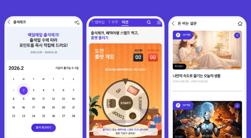 출석 체크, 룰렛 미션, 돈 버는 설문 등 앱테크 기능을 한 화면에 보여주는 모바일 앱 메인 화면. 출석에 따라 포인트를 적립하고 미션과 콘텐츠를 이용하는 구조를 안내한다.