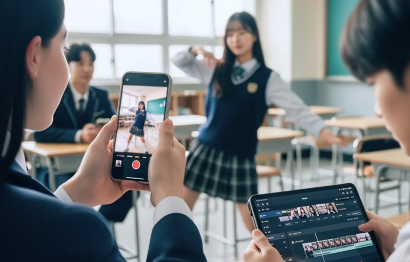 교실에서 교복을 입은 학생들이 스마트폰으로 친구를 촬영하고, 태블릿으로 AI를 활용해 영상 편집을 하는 모습