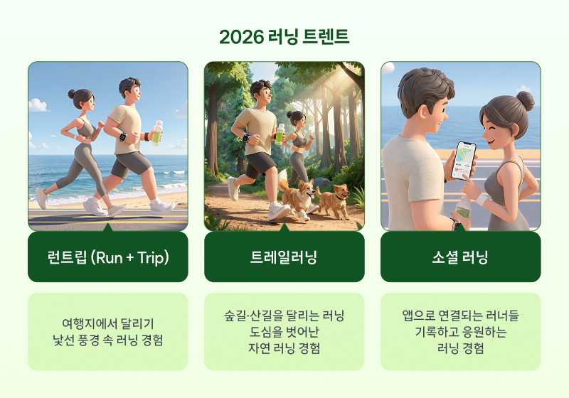 2026 러닝 트렌드 소개. 	첫 번째, 런트립 (Run + Trip) 소개. 바다를 배경으로 해변 산책로를 달리는 남녀 러너 일러스트. 여행지에서 달리기, 낯선 풍경 속 러닝 경험 두 번째, 트레일러닝 소개. 숲길과 산길이 이어진 자연 속 트레일에서 러너와 반려견이 함께 달리는 모습의 일러스트. 숲길·산길을 달리는 러닝 , 도심을 벗어난 자연 러닝 경험 세 번째, 소셜 러닝 소개. 해변을 배경으로 러너 두 명이 스마트폰 러닝 앱 화면을 보며 기록을 확인하는 모습의 일러스트. 앱으로 연결되는 러너들, 기록하고 응원하는 러닝 경험 이렇게 작성했어. 참고